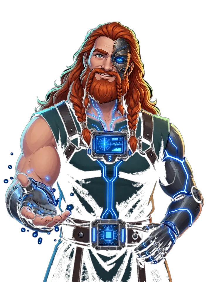El dios del trueno con el brazo mecánico extendido y la energía azul formando una constelación